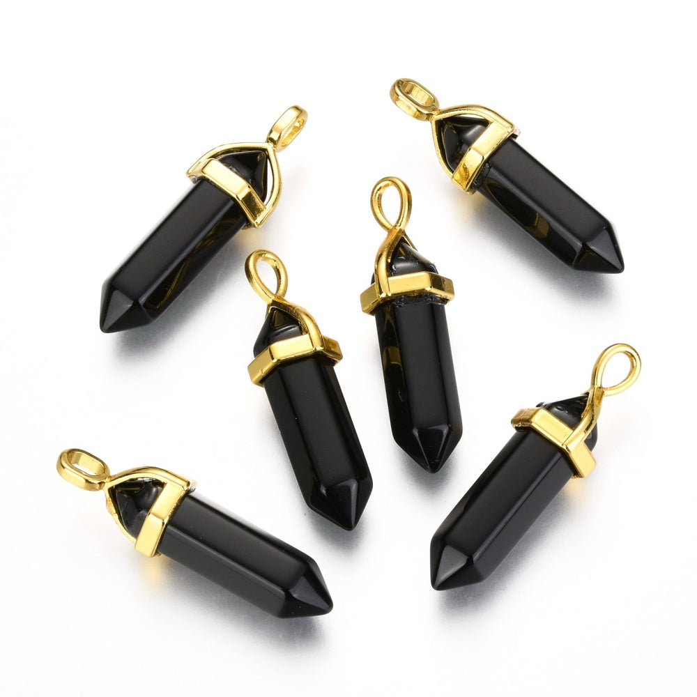Pendentif pointu à double extrémité en forme de balle d'obsidienne noire naturelle