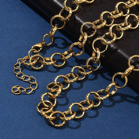 Collier acier inoxydable maille rolo texturé or