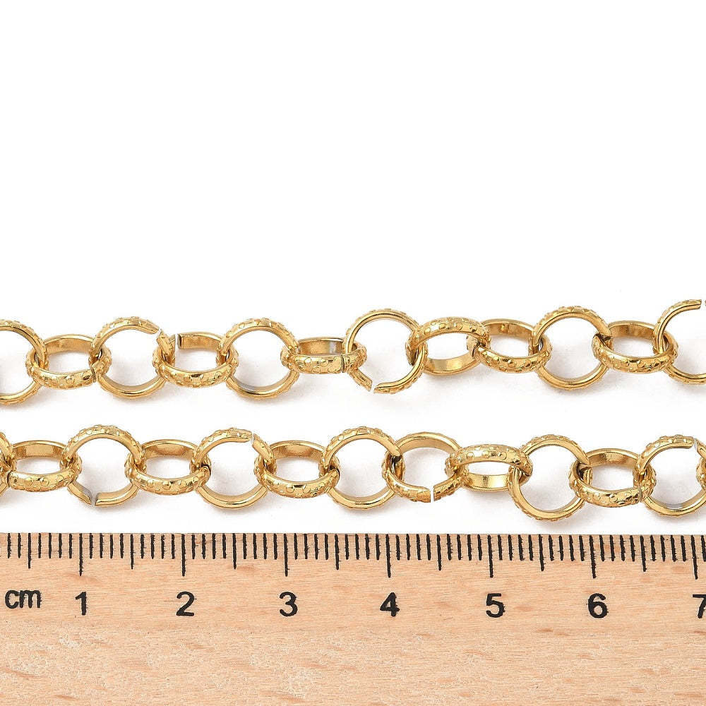 Collier acier inoxydable maille rolo texturé or