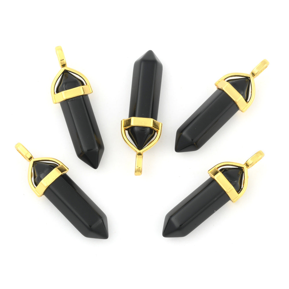 Pendentif pointu à double extrémité en forme de balle d'obsidienne noire naturelle