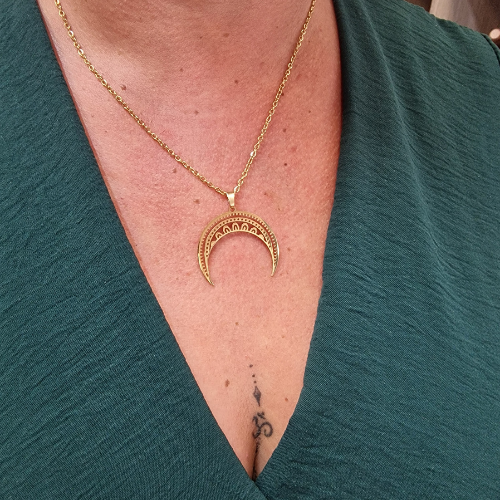 Pendentif croissant de lune mandala en acier inoxydable