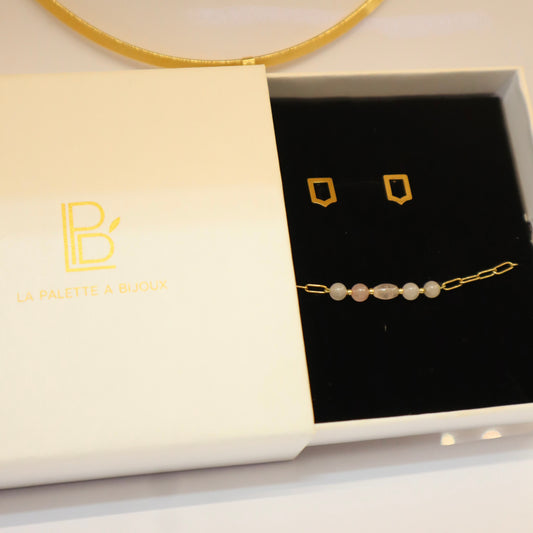 Parure bracelet Quartz rose et clou d'oreille - Fête des maîtresse