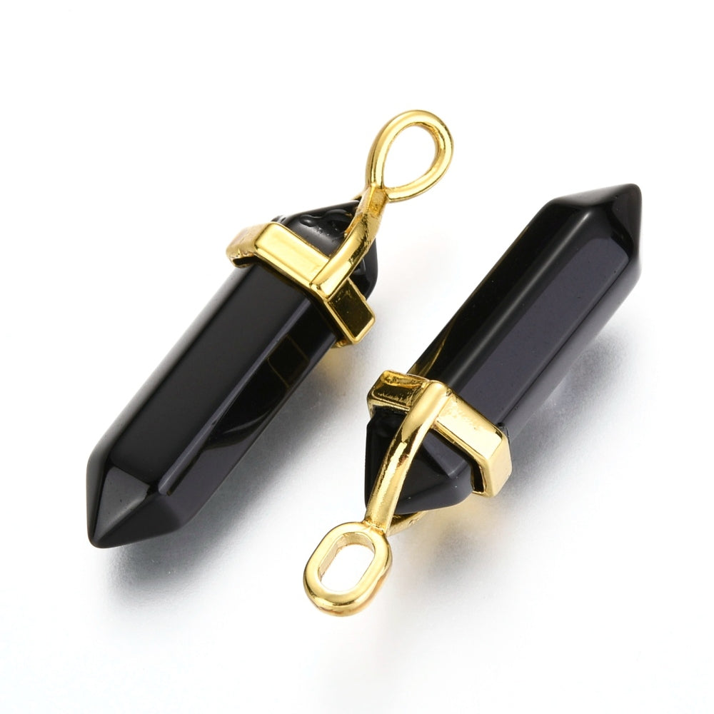 Pendentif pointu à double extrémité en forme de balle d'obsidienne noire naturelle
