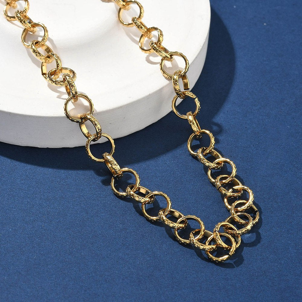 Collier acier inoxydable maille rolo texturé or