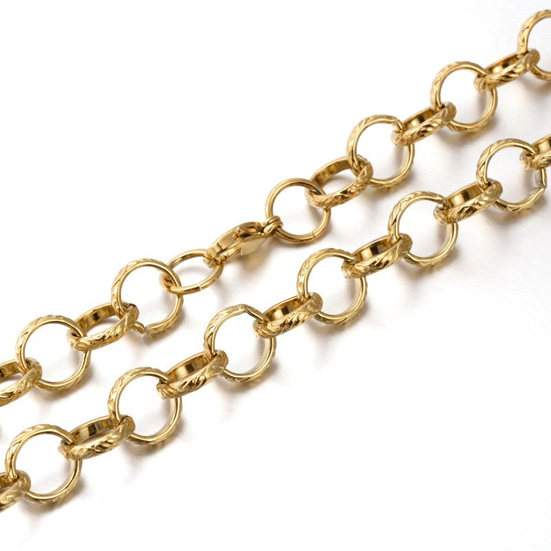 Collier acier inoxydable maille rolo épaisse texturé or