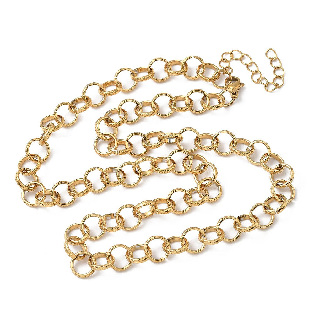 Collier acier inoxydable maille rolo texturé or