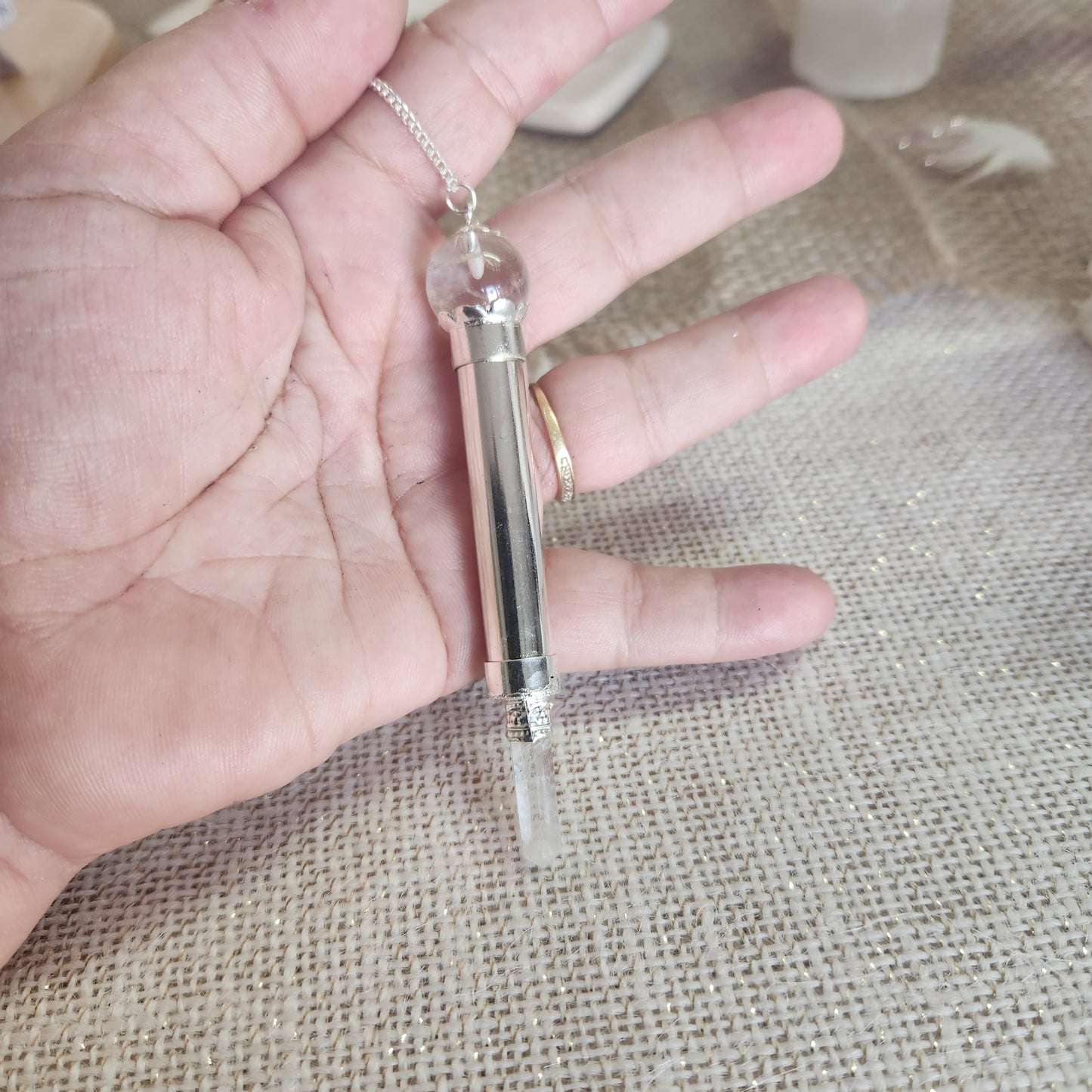 Pendule cristal pointe tube métal et sphère