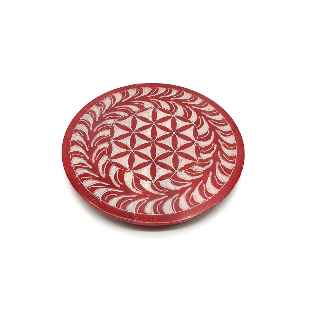 Porte-Encens Pierre Rond Fleur de Vie Rouge 10cm
