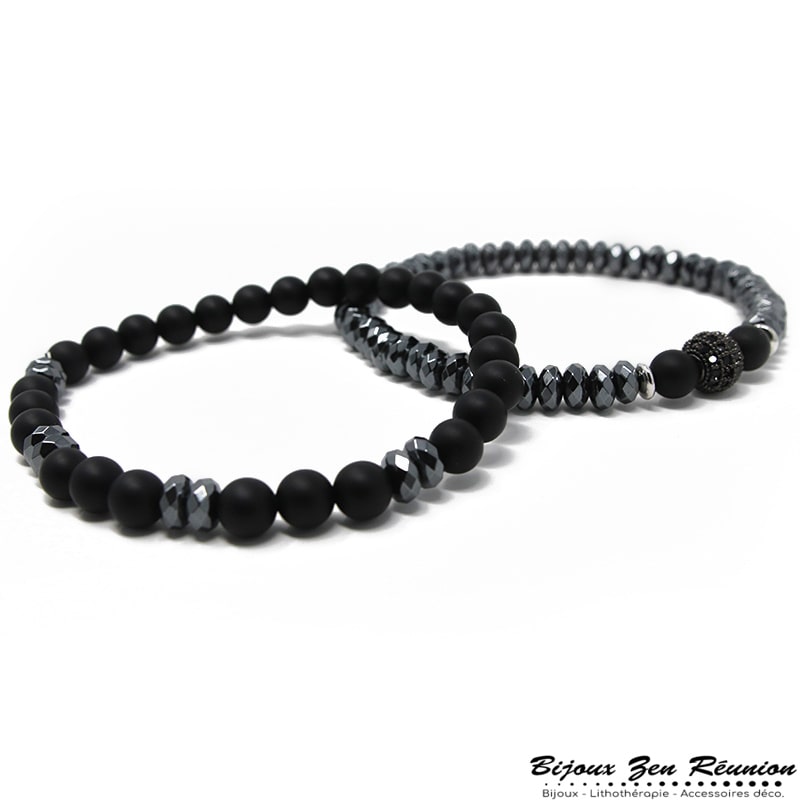 Duo bracelet agate noire et hématite - Bijoux zen Réunion