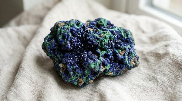 Azurite brute naturelle avec traces de malachite