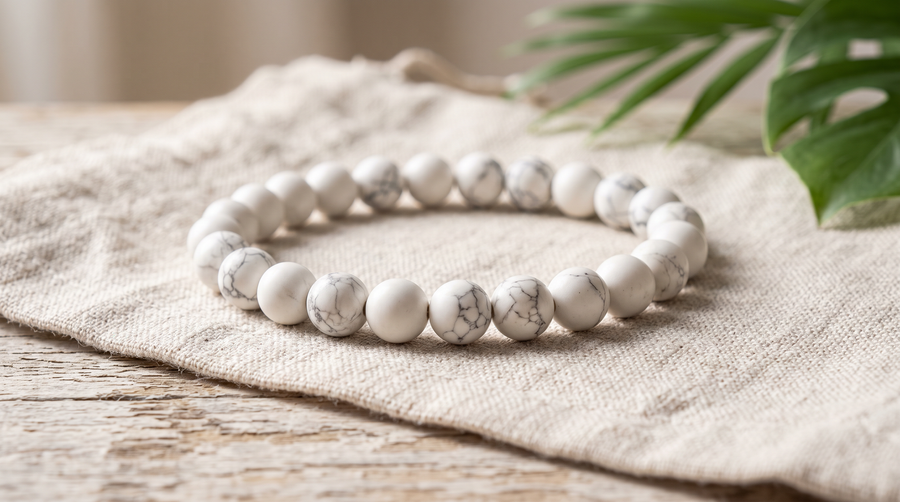 Bracelet en howlite blanche naturelle perles 6 mm fait main à La Réunion – La Palette à Bijoux