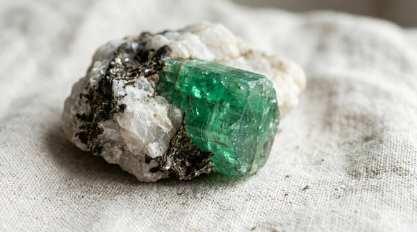 Cristal d'émeraude brute sur sa gangue