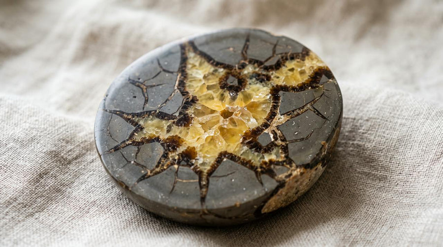Nodule de septaria scié et poli de Madagascar