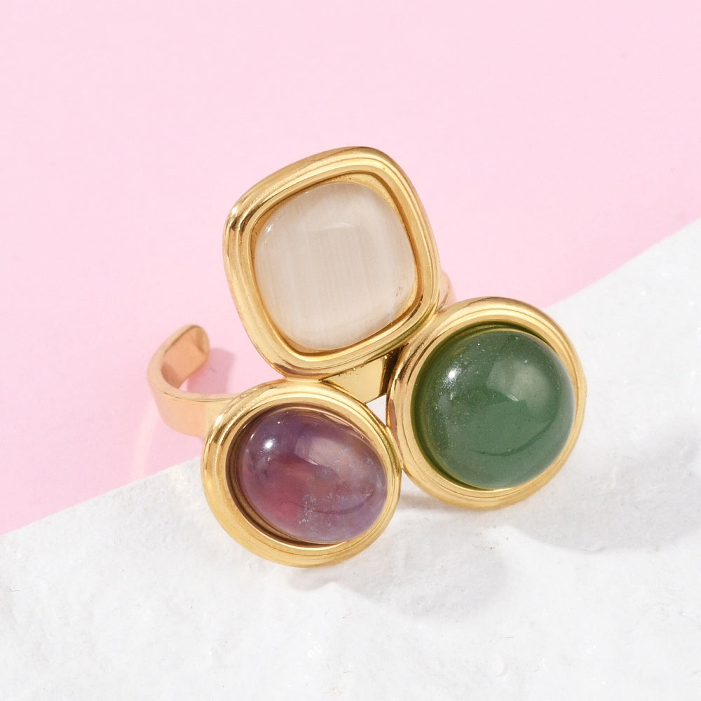 Bague acier en pierre naturelle