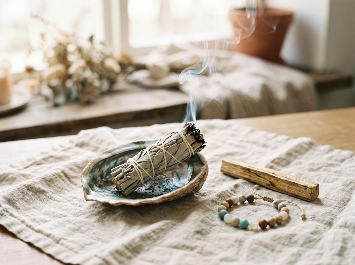 Sauge blanche et palo santo pour purifier un bracelet en pierres naturelles