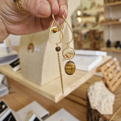 Boucle d'oreilles dépareillées - mauvais œil  - œil de tigre