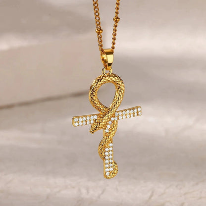 Collier croix de Ankh et serpent de la connaissance