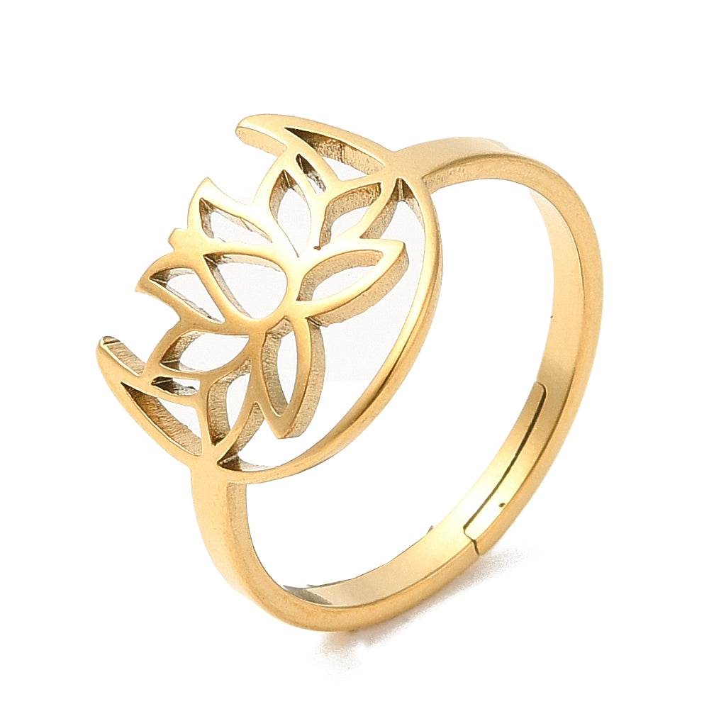 Lotus et lune bague acier inoxydable