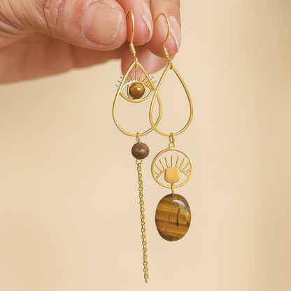 Boucle d'oreilles dépareillées - mauvais œil  - œil de tigre