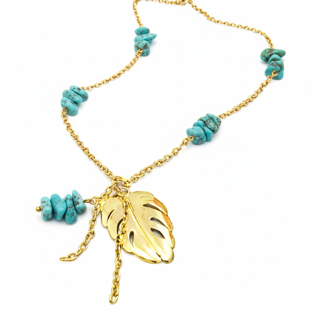 Collier copeaux – Boucan Canot – Turquoise – Monstera – Trésor Péï