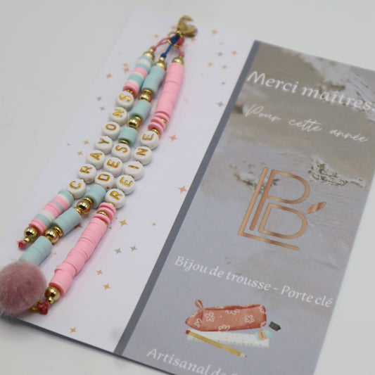 Bijou de trousse - porte clé - fête des maîtresses - rose et vert pastel