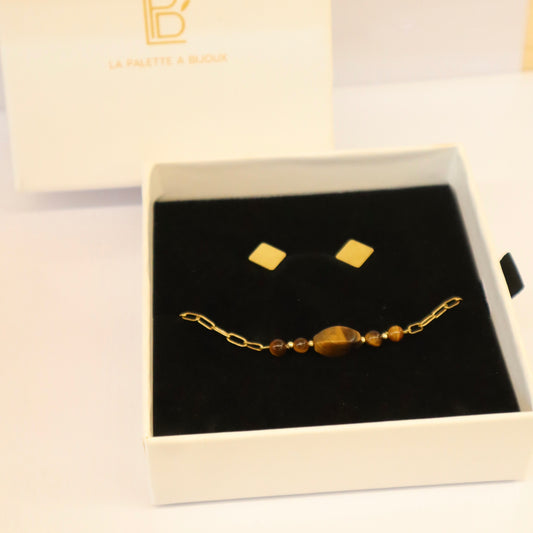 Parure bracelet oeil de tigre et clou d'oreille - Fête des maîtresse
