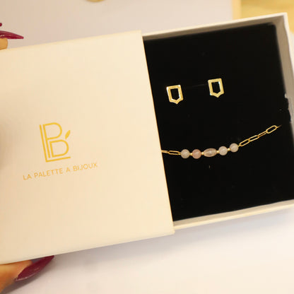 Parure bracelet Quartz rose et clou d'oreille - Fête des maîtresse