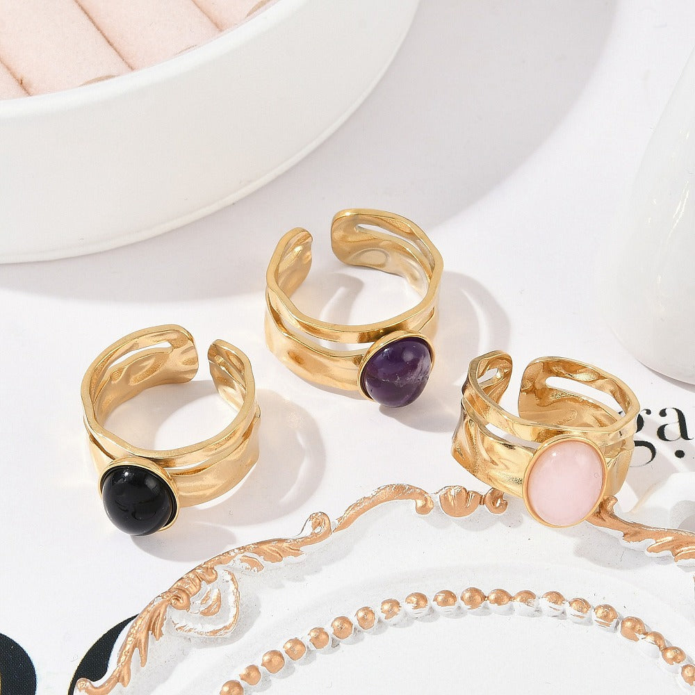 Bague deux rangs épaisse pierre naturelle