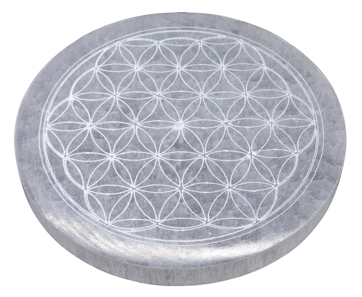 Porte-encens selenite avec Fleur de vie -- 225gr