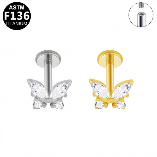 Piercing Papillon Labret Titane avec Cristal Zircon, Labret, Médusa, Monroe 1,2×8mm