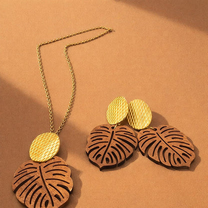 Boucle d'oreille - monstera bois