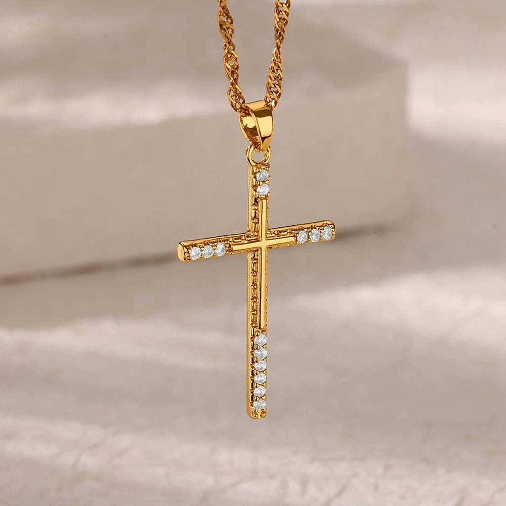 Collier croix et strass acier inoxydable