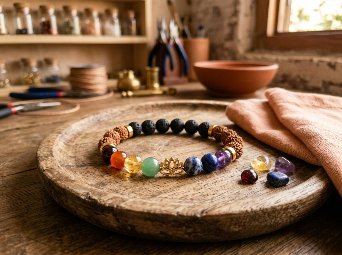 Bracelet 7 chakras sur mesure sur plateau en bois