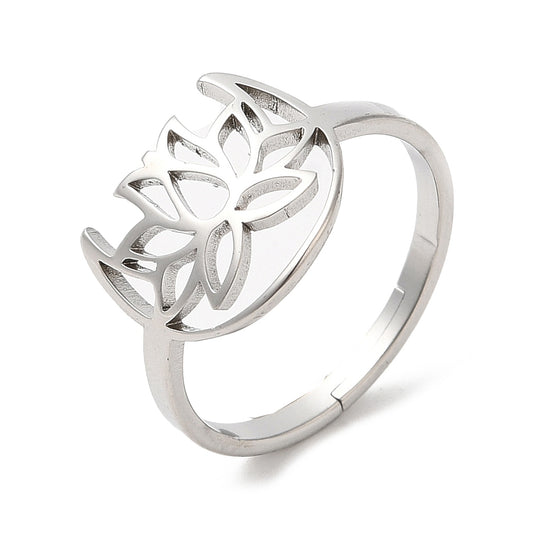 Lotus et lune bague acier inoxydable