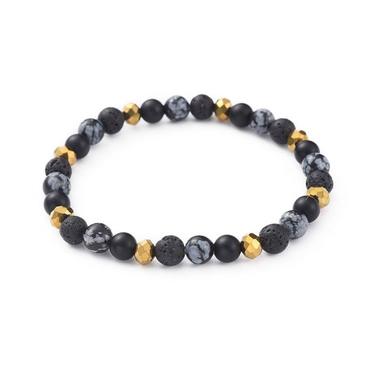 Bracelet élastique en pierre de lave, obsidienne flocon de neige et agate noire