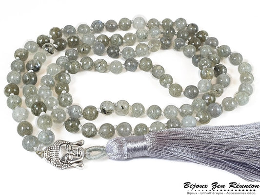 Mala labradorite bouddha et pompon - Bijoux zen Réunion